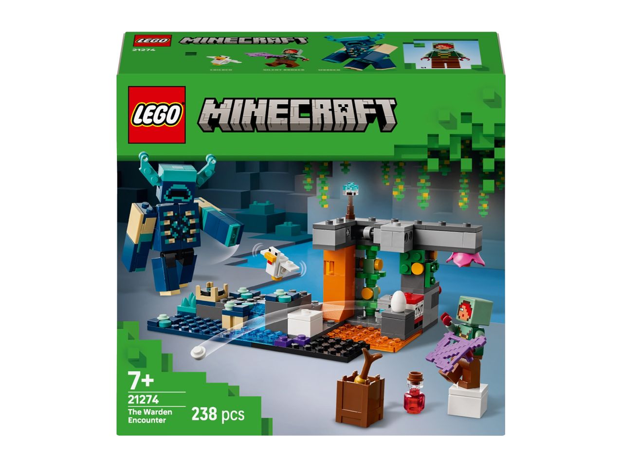 Minecraft building set with Warden, chicken, and Silent Ranger figures, 238 pieces.