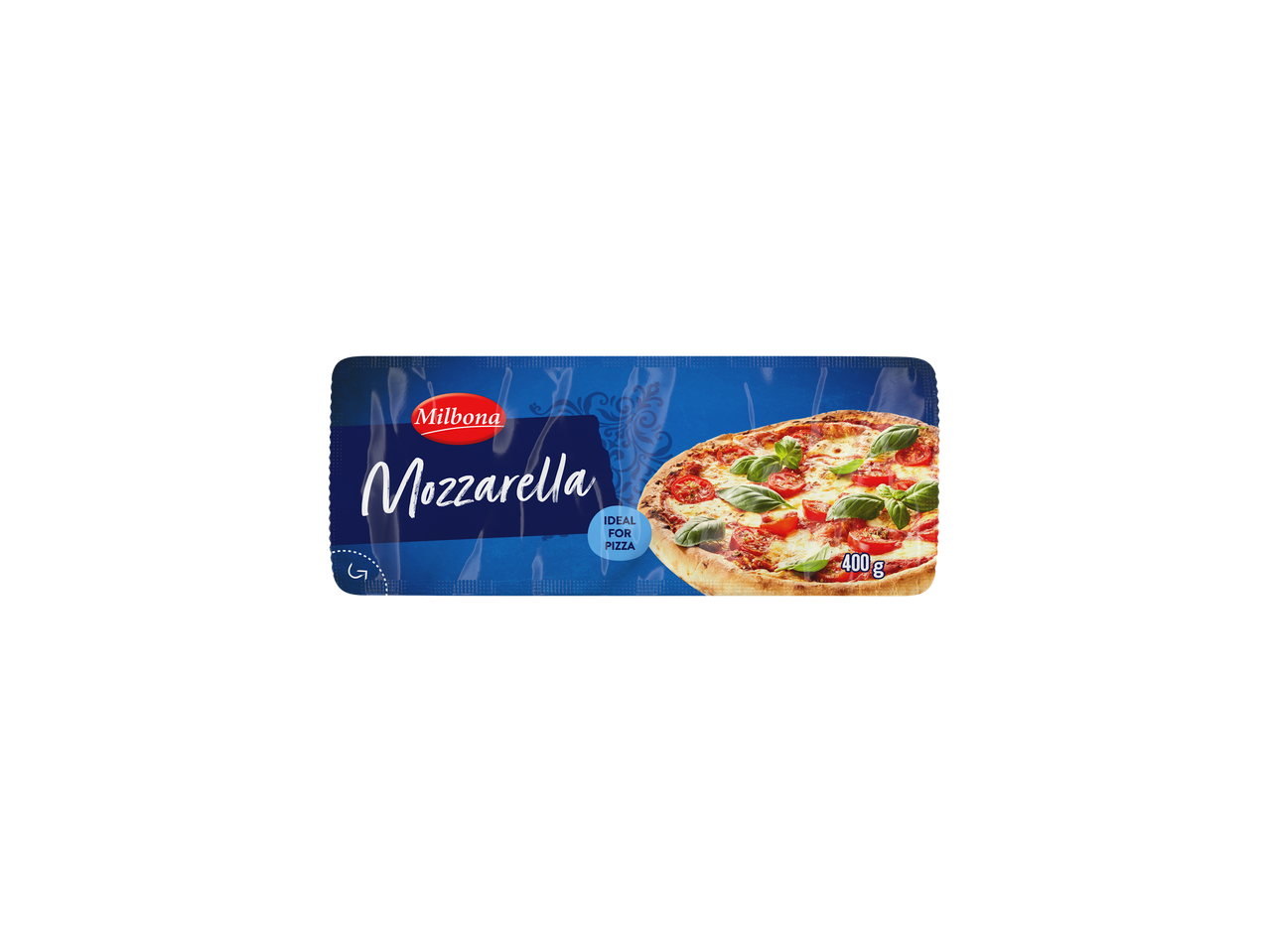 Milbona Mozzarella pentru pizza, 400g, cu o imagine de pizza pe ambalaj.