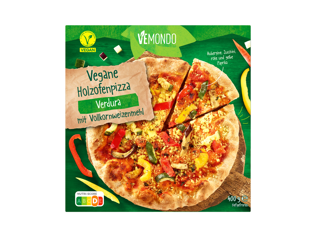 Vegane Holzofenpizza Verdura mit Vollkornweizenmehl, Aubergine, Zucchini, roter und gelber Paprika, 400g, tiefgefroren, Nutri-Score D.
