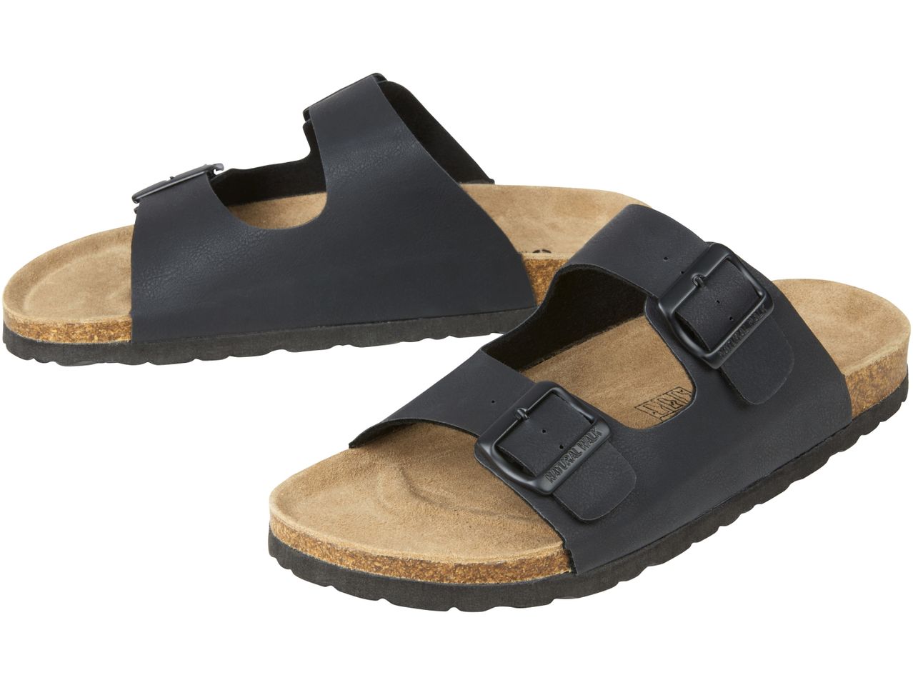 A pair of black Men’s Sandals with cork soles.