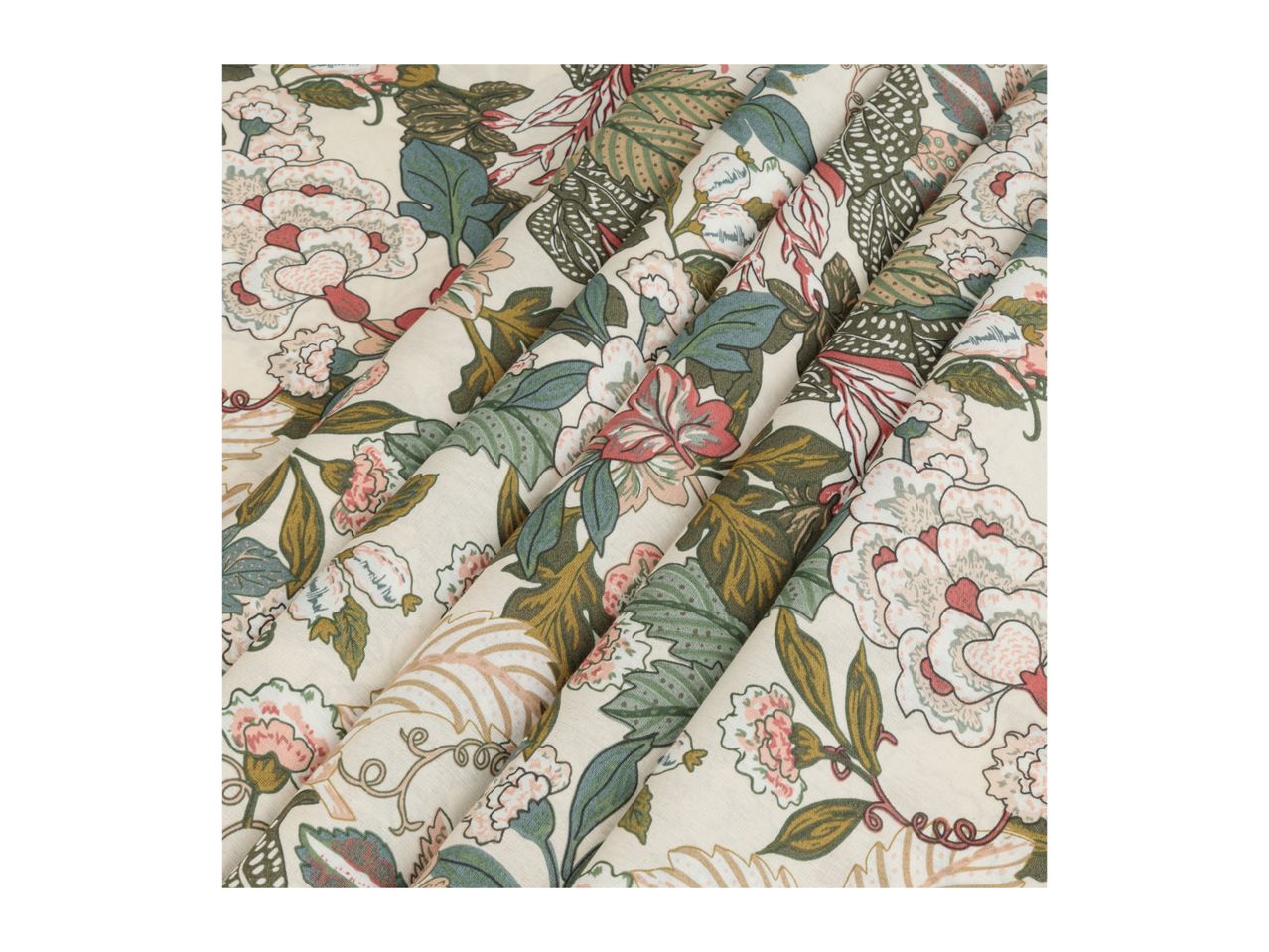 Floral fabric with pink and green flowers.