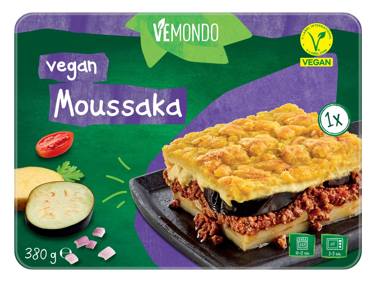 Vemondo's vegane Moussaka, een plantaardige Griekse ovenschotel, klaar in enkele minuten.