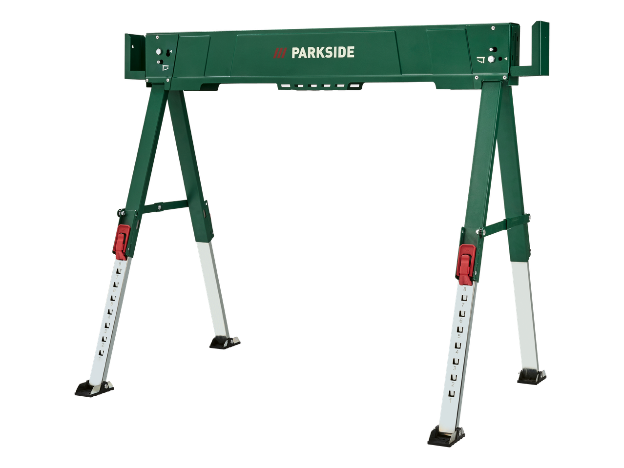 Zelena sklopiva radna postaja s podesivim nogama i crvenim kopčama.