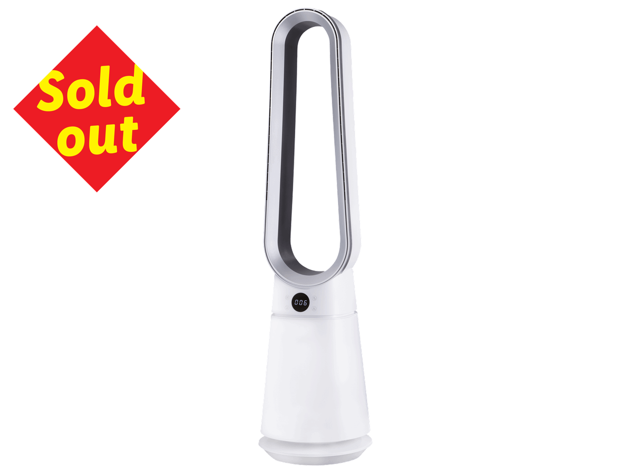 White bladeless fan with a digital display, marked as sold out.