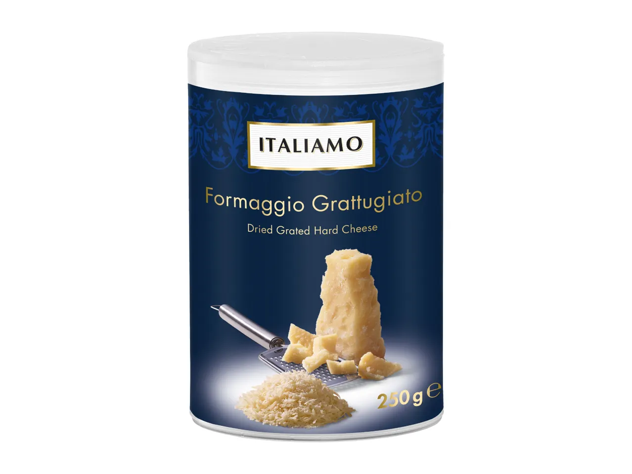 A container of dried grated hard cheese with a grater and cheese pieces.