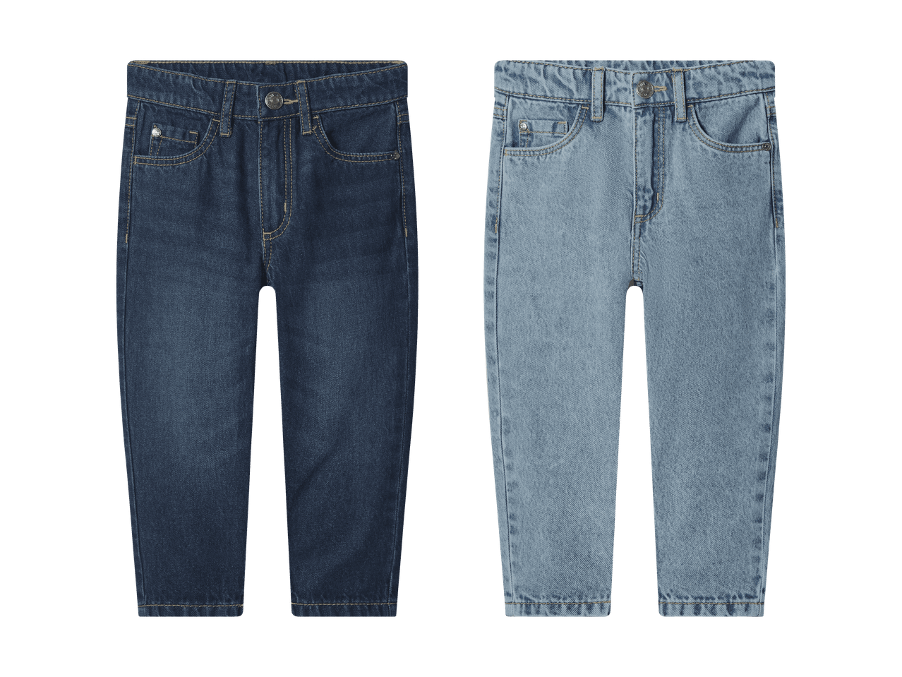 Zwei Kinderjeans, eine dunkelblaue und eine hellblaue.