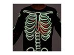 A glow-in-the-dark skeleton costume with red blood splatters on a black shirt.