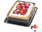 Rectangular springform pan with a cake topped with white frosting, strawberries, and blueberries.