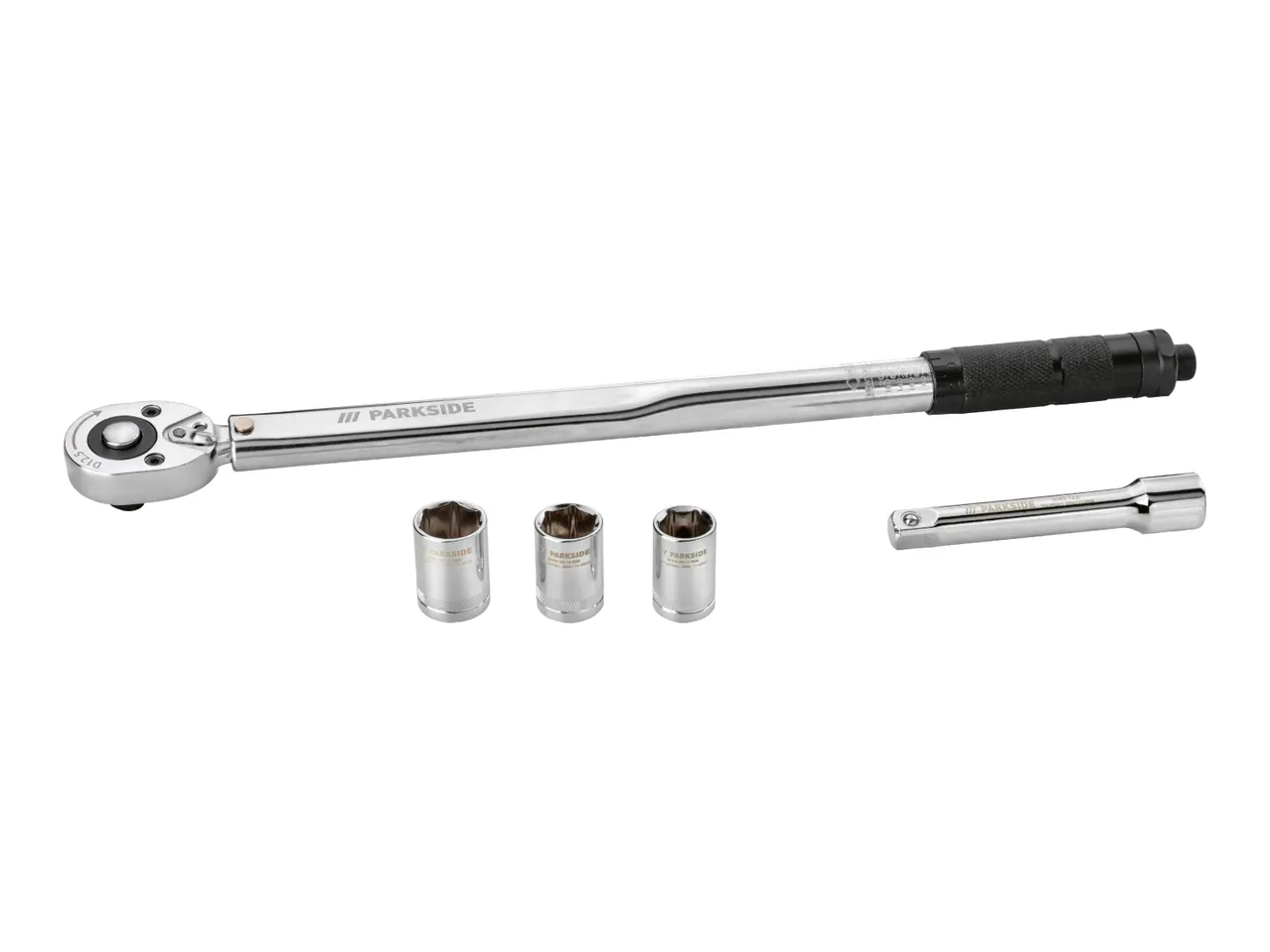 Torque wrench set with three sockets and an extension bar.