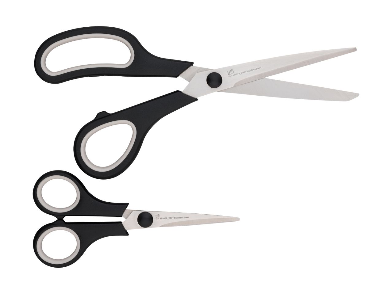 To sakse i forskellige størrelser med sorte håndtag og hvide indvendige greb.