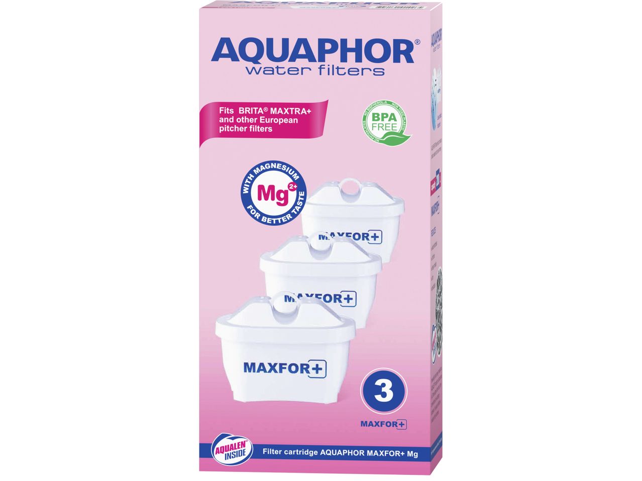 Опаковка от 3 филтъра за вода Aquaphor Maxfor+ Mg, съвместими с Brita Maxtra+.