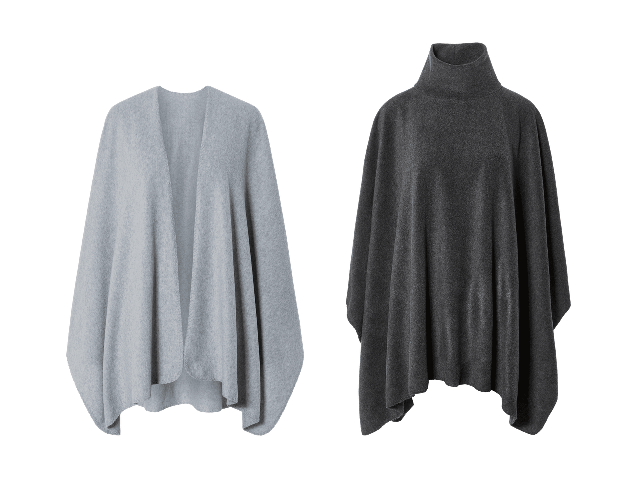 Zwei Strickponchos, einer hellgrau und einer dunkelgrau.
