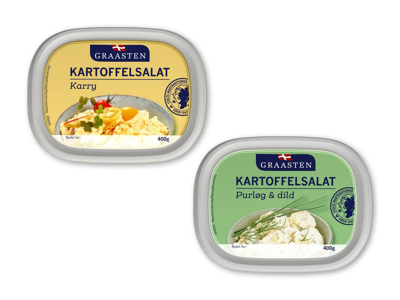 To beholdere med kartoffelsalat: én med karry og én med purløg og dild.