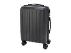 Dark grey hard-shell suitcase with vertical ridges, a top handle, side handle, and four wheels.