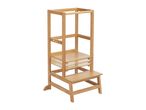 Wooden learning tower with adjustable platform and step stool, on a white background.