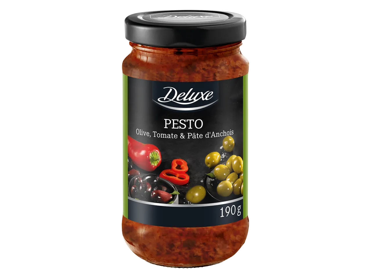 Bocal de pesto rouge aux olives, tomates et pâte d'anchois, 190g.