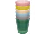 Stack of colorful plastic cups in pink, yellow, beige, blue, grey, and green.