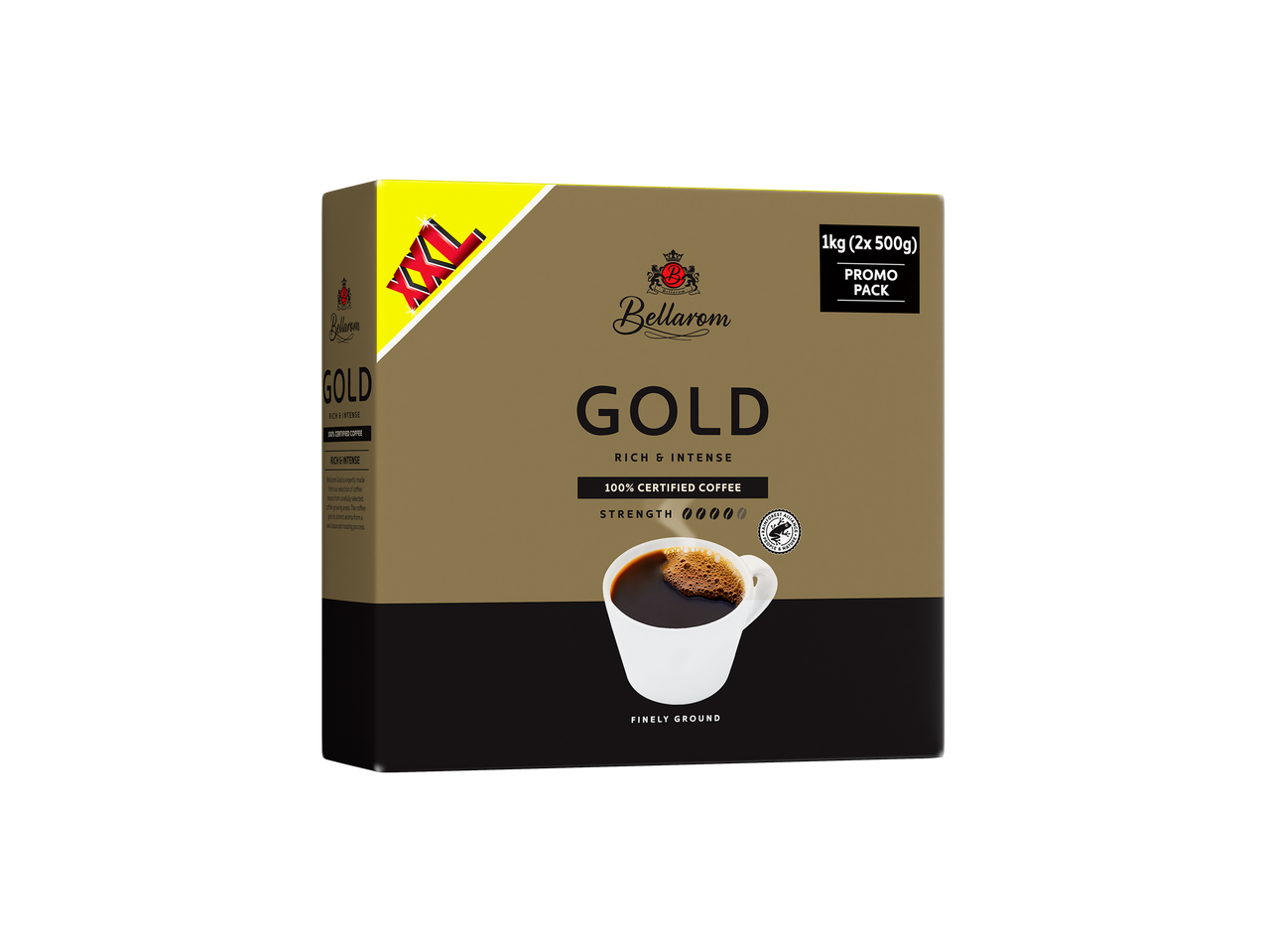 Bellarom Gold coffee, 1kg promo pack, rich and intense, finely ground.