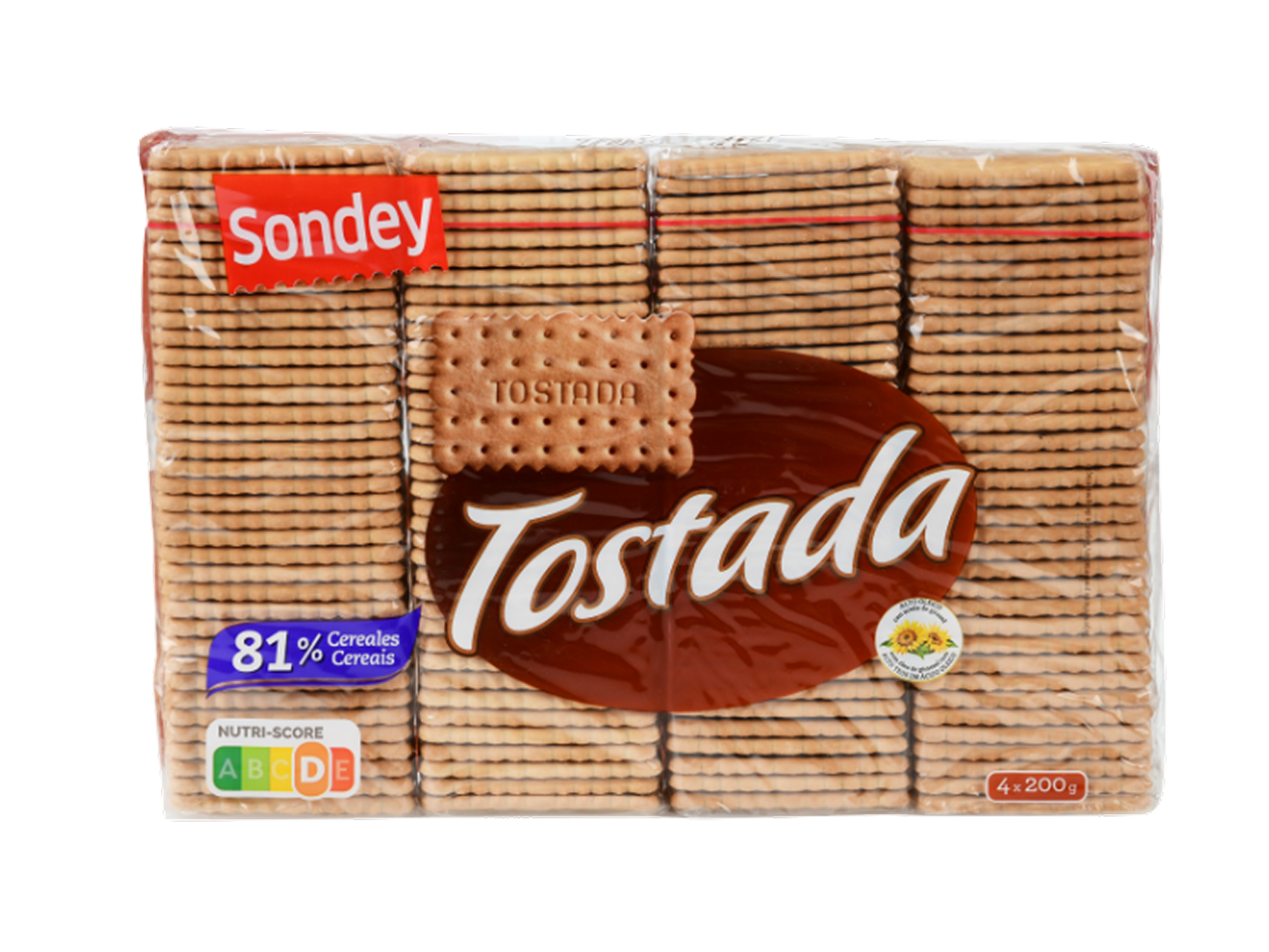Pacote de bolachas tostadas com 81% de cereais e Nutri-Score D.