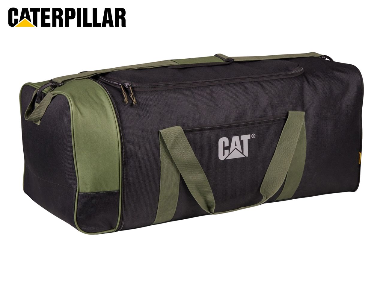 A black and olive green duffel bag with the CAT logo on the front.