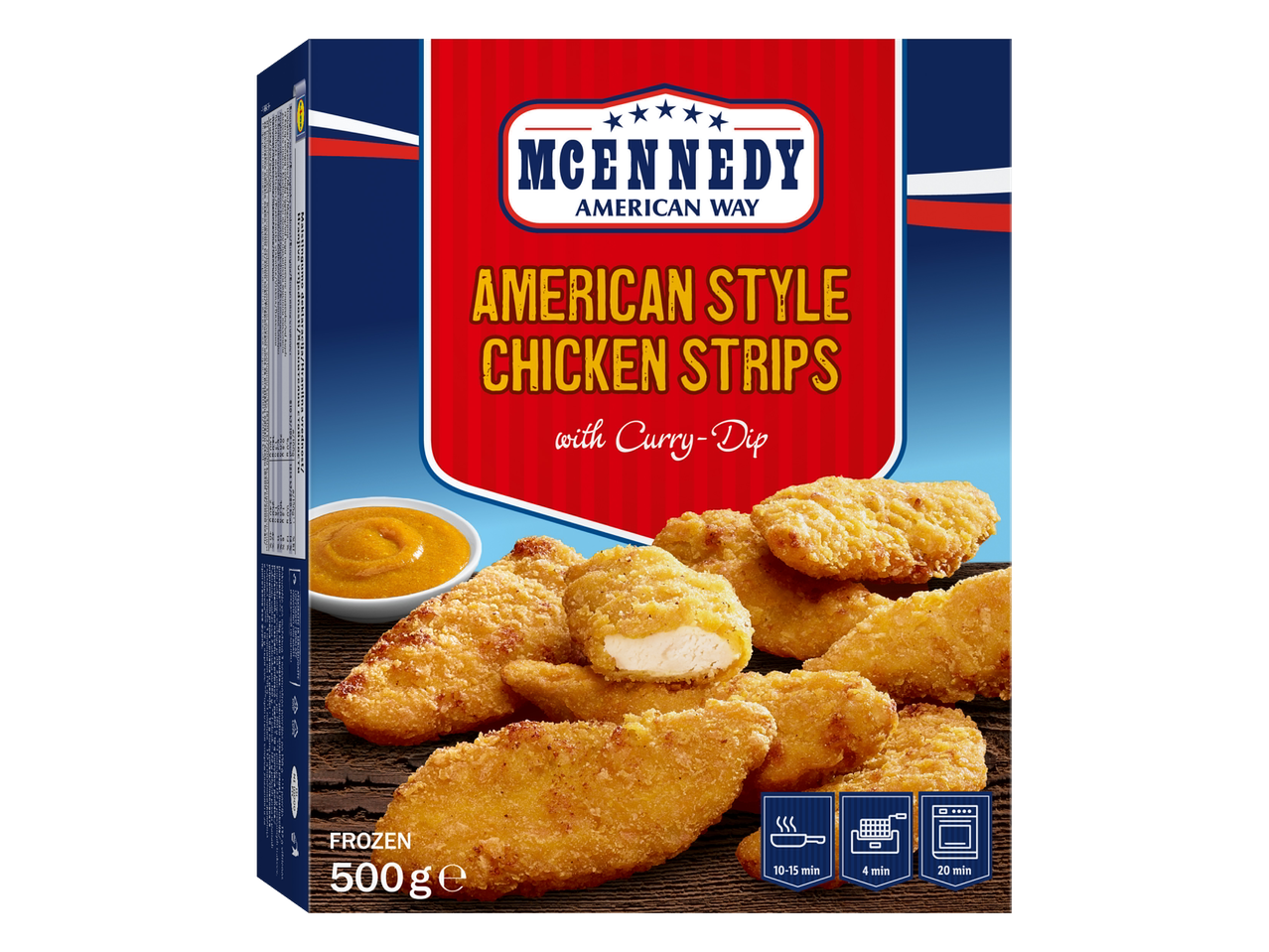 McEnnedy amerikietiško stiliaus šaldyti vištienos juostelės su kari padažu.