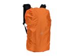 Orange backpack rain cover with a reflective logo