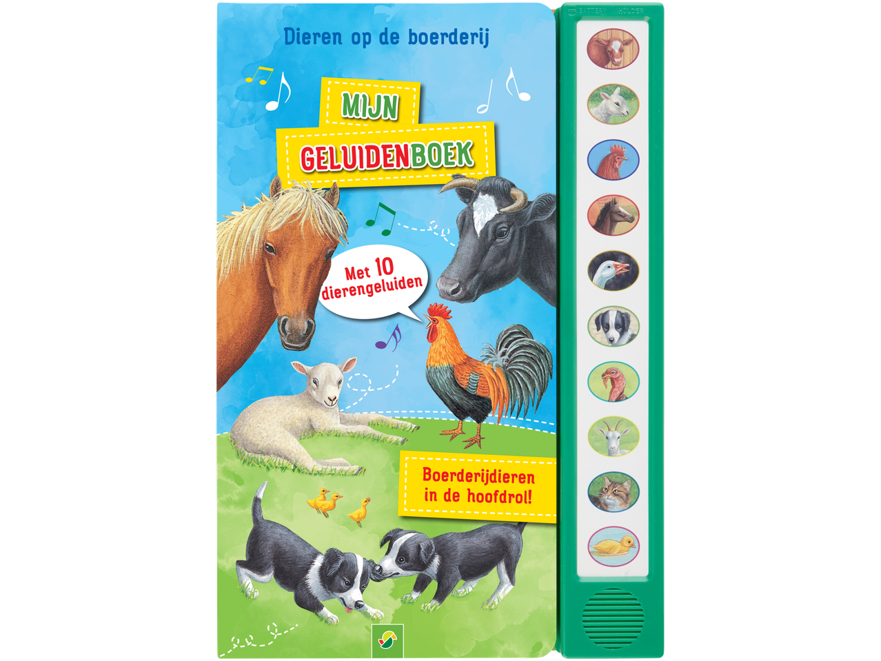 Interactief geluidenboek voor kinderen over boerderijdieren met 10 dierengeluiden.