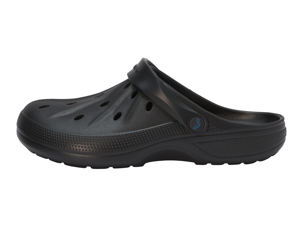 Black clogs with ventilation holes and a blue logo on the side.