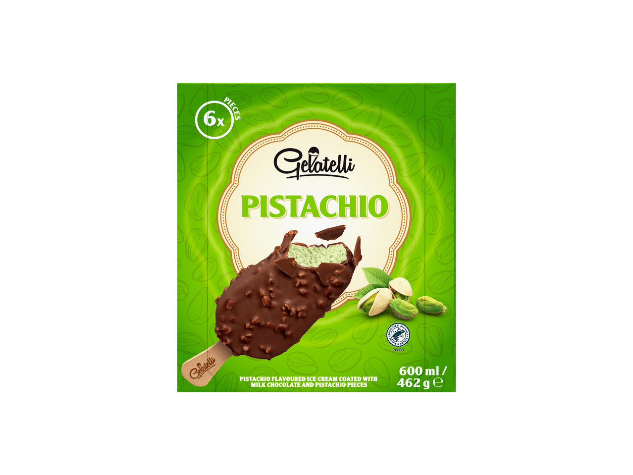 Gelados Gelatelli pistache: 6 picolés cobertos com chocolate ao leite e pedaços de pistache.