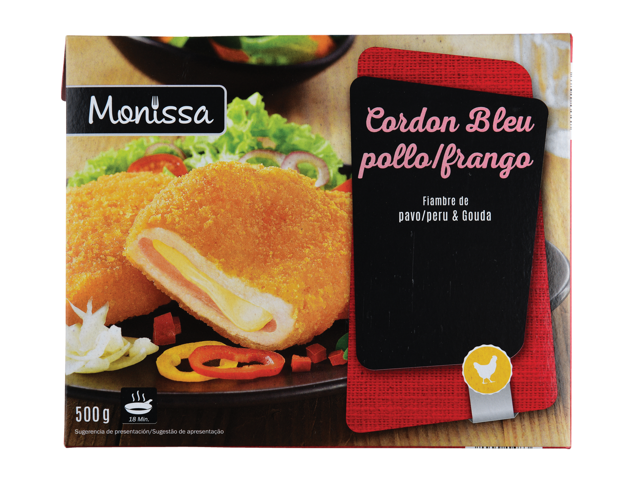 Embalagem Monissa de Cordon Bleu de frango com queijo Gouda e peru.