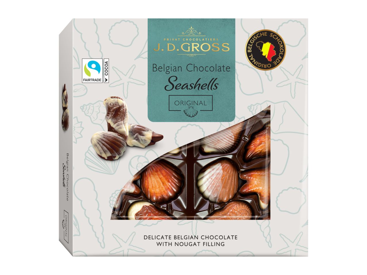 Belgian chocolate seashells with nougat filling, Fairtrade cocoa.