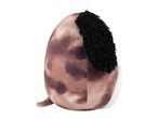 Back view of a brown and black spotted plush toy with a small tail.