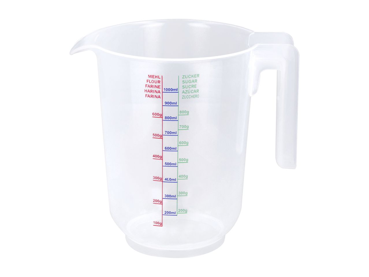 Clear plastic measuring jug with red, blue, and green markings for flour, sugar, and liquids.