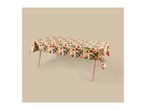 Rectangular tablecloth with a vibrant tropical floral pattern on a light background.