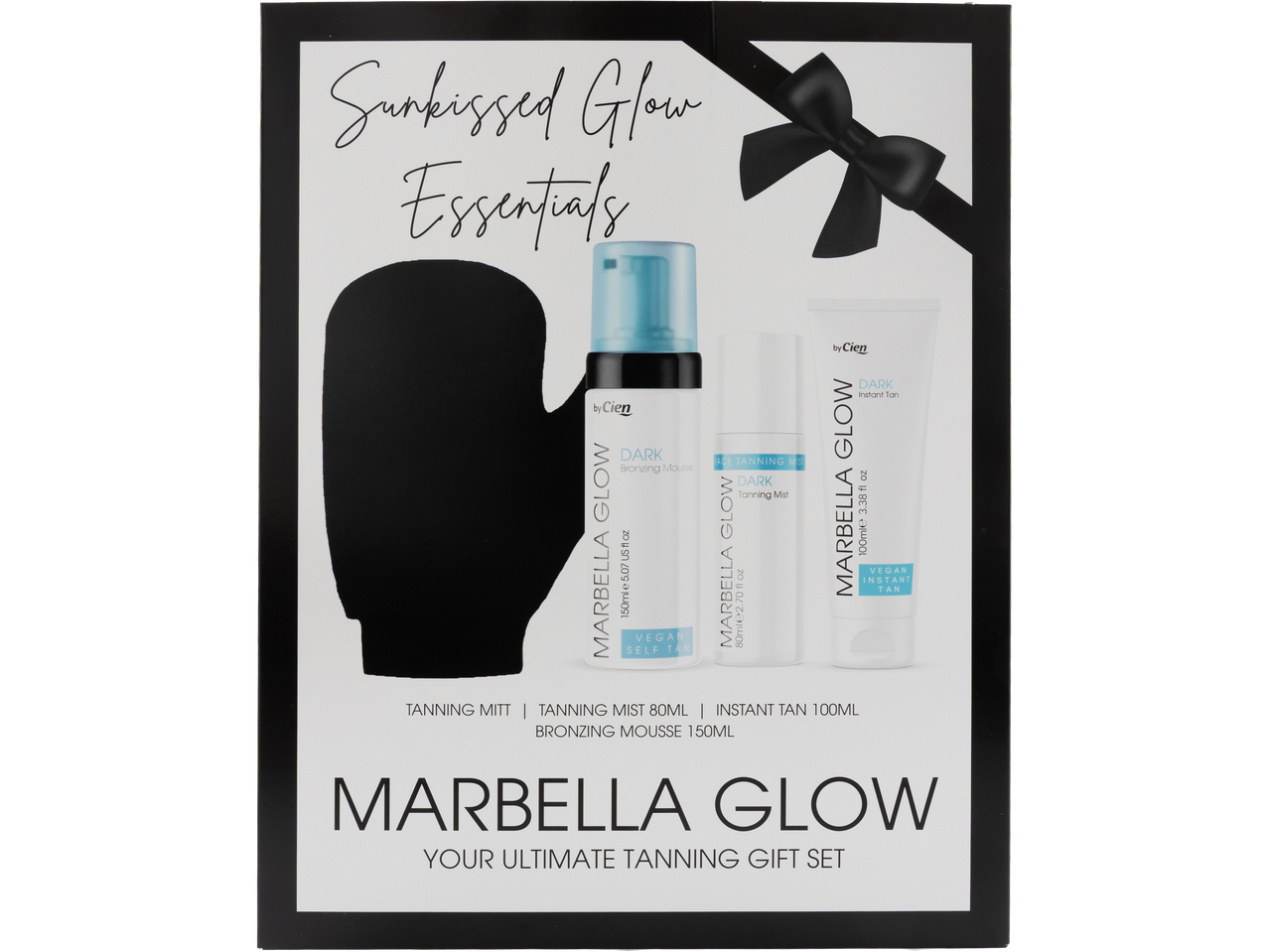 Marbella Glow Sunkissed Glow Essentials tanning gift set with mitt, mousse, mist, and instant tan.