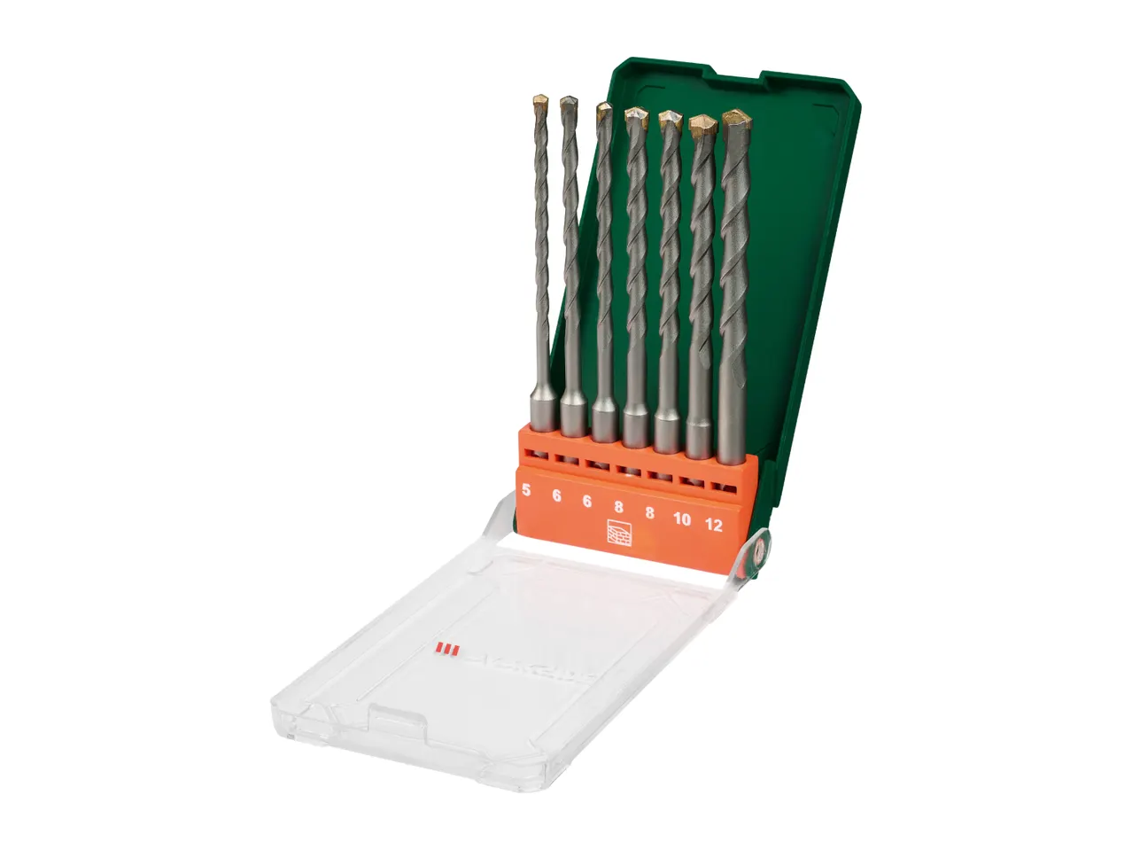 A set of drill bits in an orange and green case with a clear lid.
