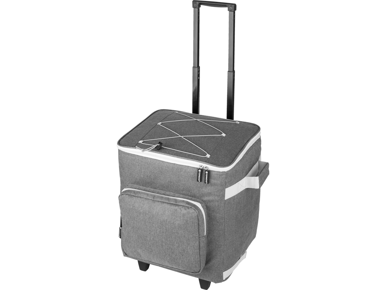 Sacola térmica Topmove cinza com rodinhas e bolso extra.