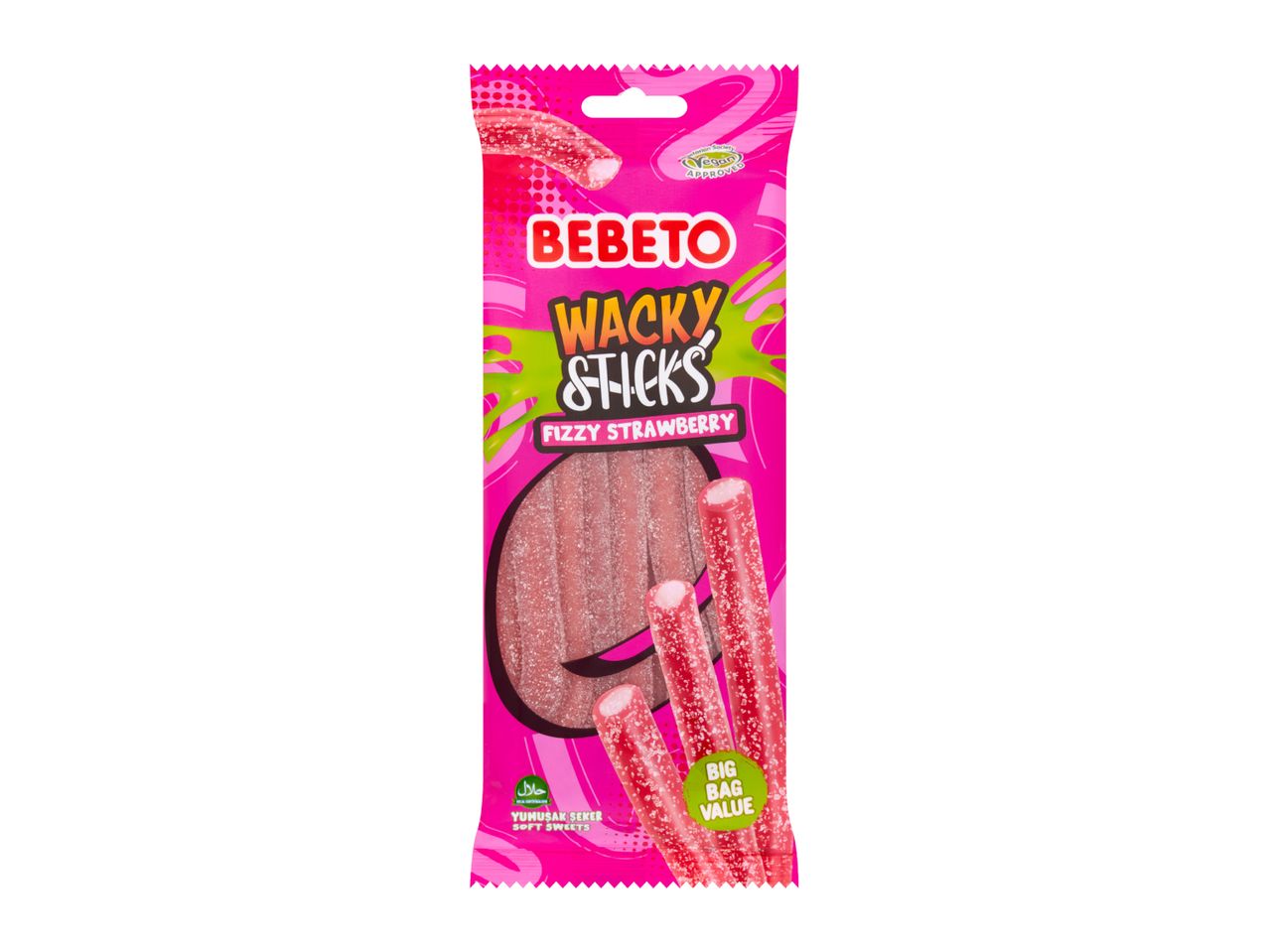 Fizzy strawberry soft sweets in a pink bag