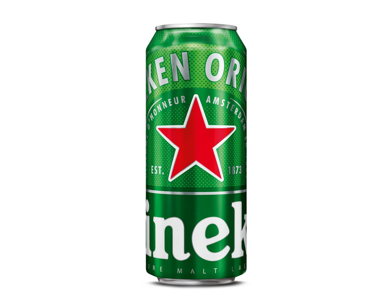 Een groen blikje premium pilsener bier met een rode ster op een zwarte achtergrond.