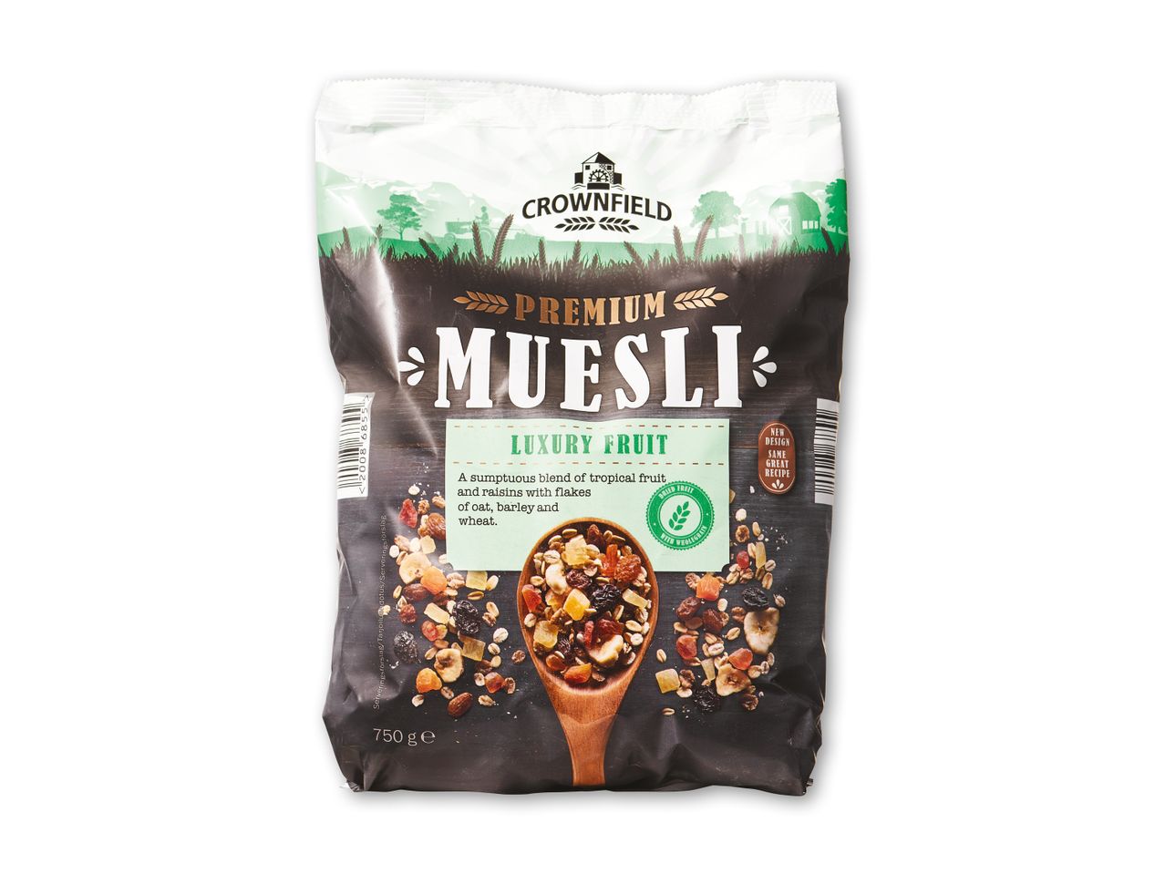 Muesli med luksusfrugt i en 750g pose, med tørret frugt og fuldkorn.