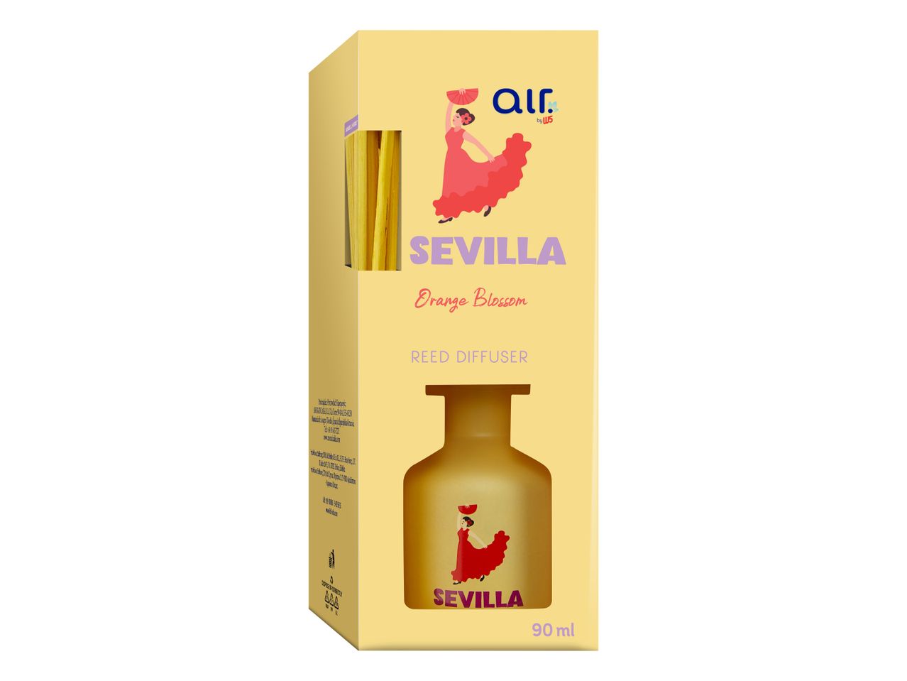 Difuzor Seville z eteričnimi olji v rumeni embalaži.