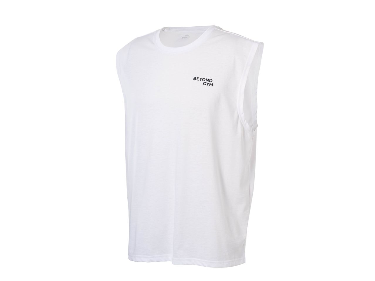 Débardeur de sport blanc pour homme avec l'inscription 'BEYOND GYM'.