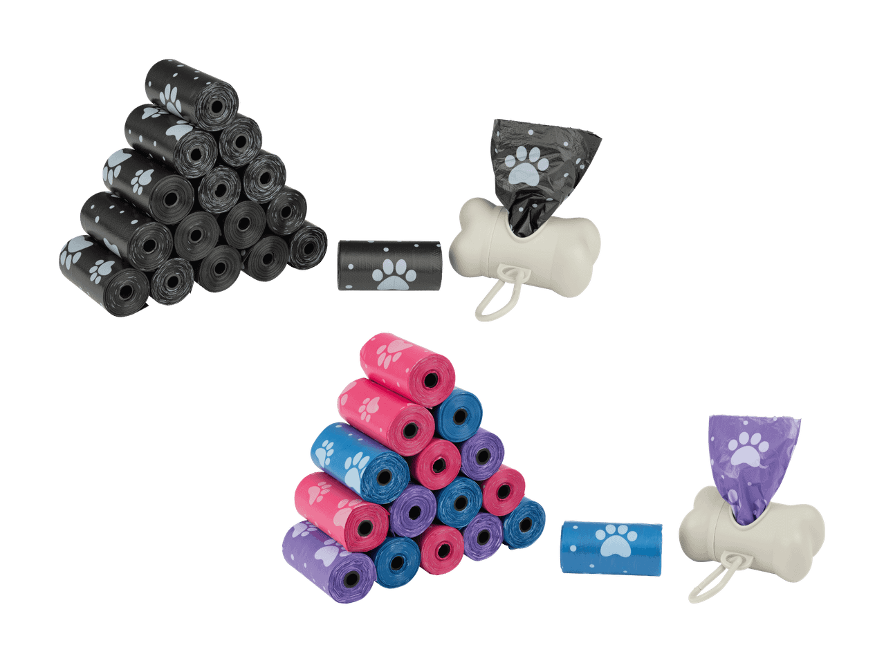 Sacchetti igienici per cani neri e colorati con impronte di zampe, inclusi dispenser.