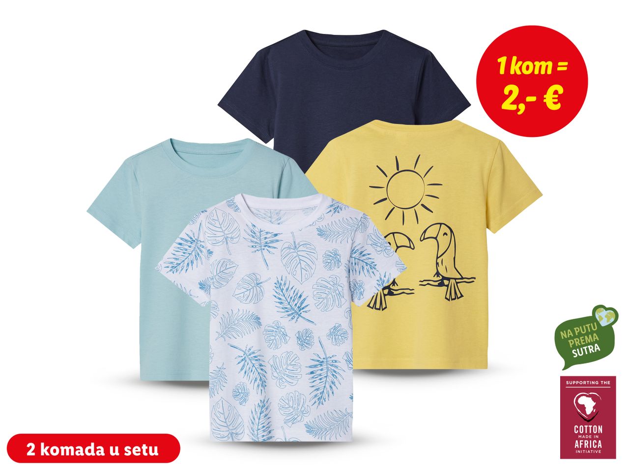 Tri pamučne majice za djecu s motivima sunca, lišća i jednostavnim dizajnom.