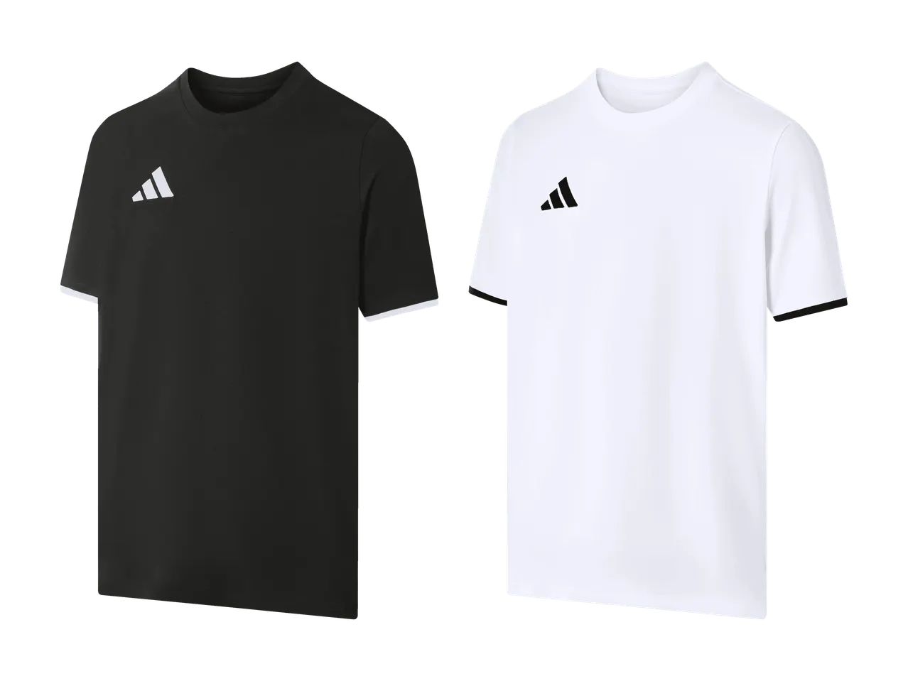 Zwei Sport-T-Shirts, eines schwarz mit weißen Details und eines weiß mit schwarzen Details.