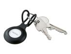 A black key finder with a white button and two silver keys on a keyring.