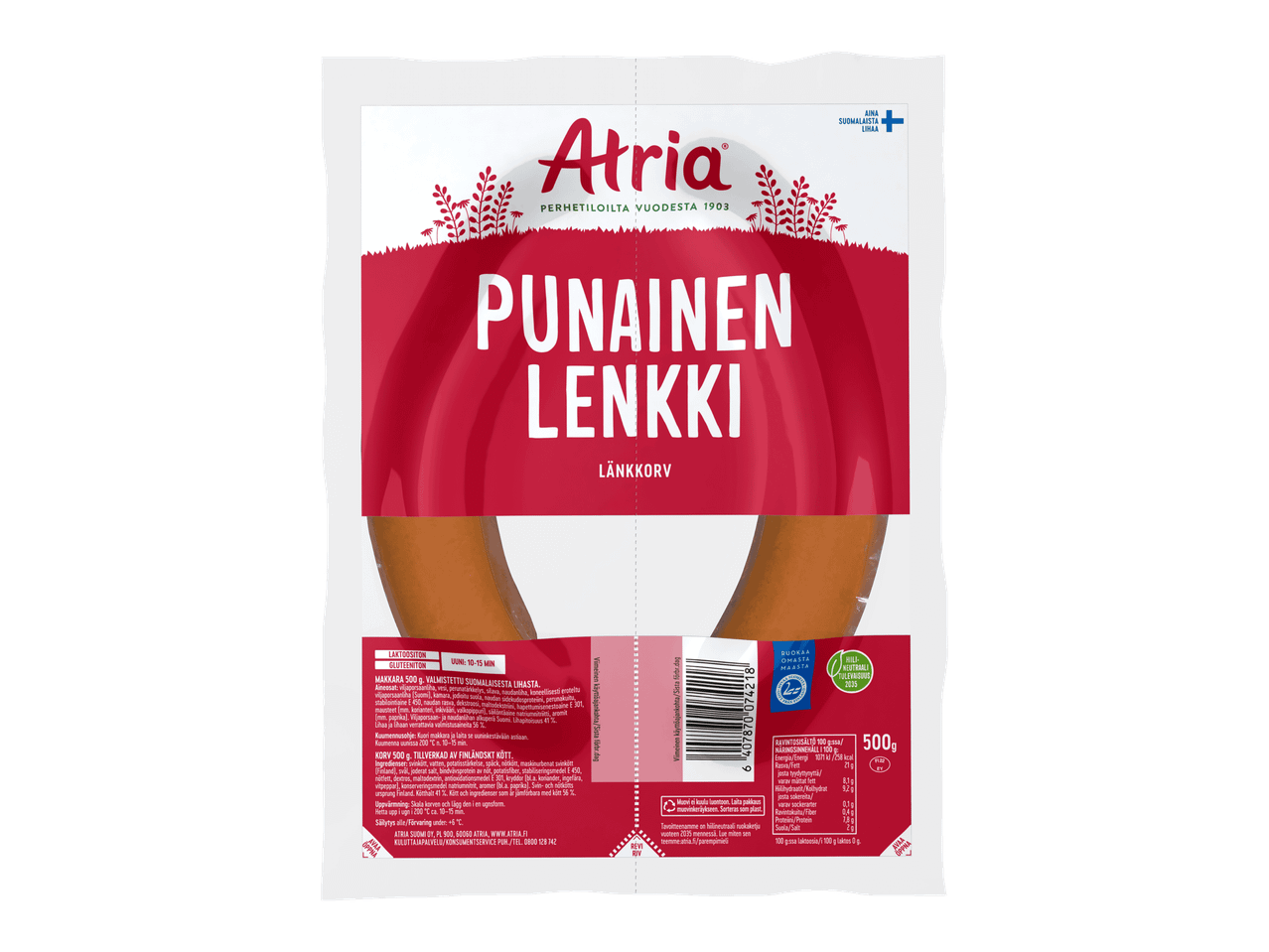 Punainen lenkkimakkara 500 gramman pakkauksessa.