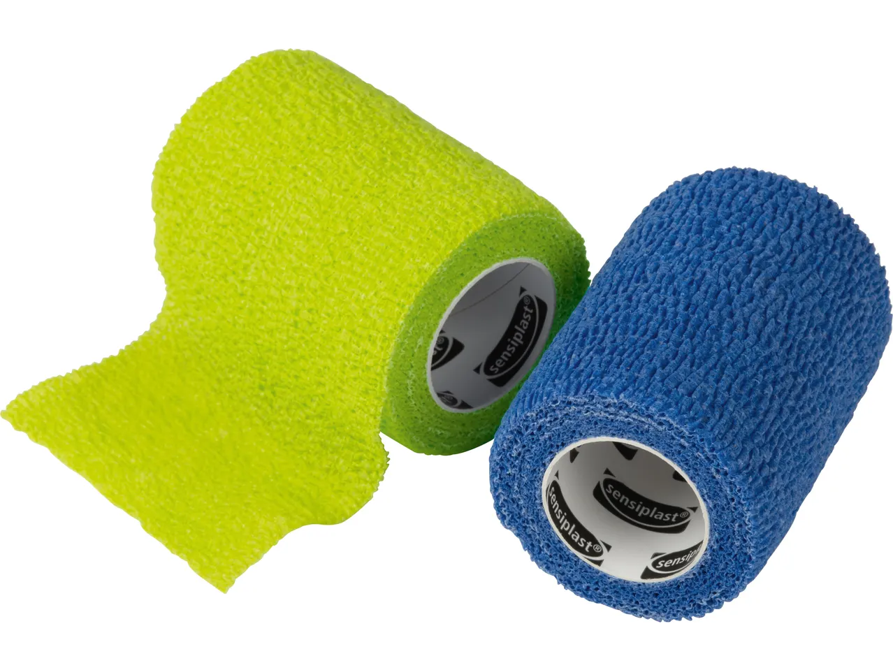 Two Sensiplast self-adhesive bandages, one green and one blue, partially unrolled.