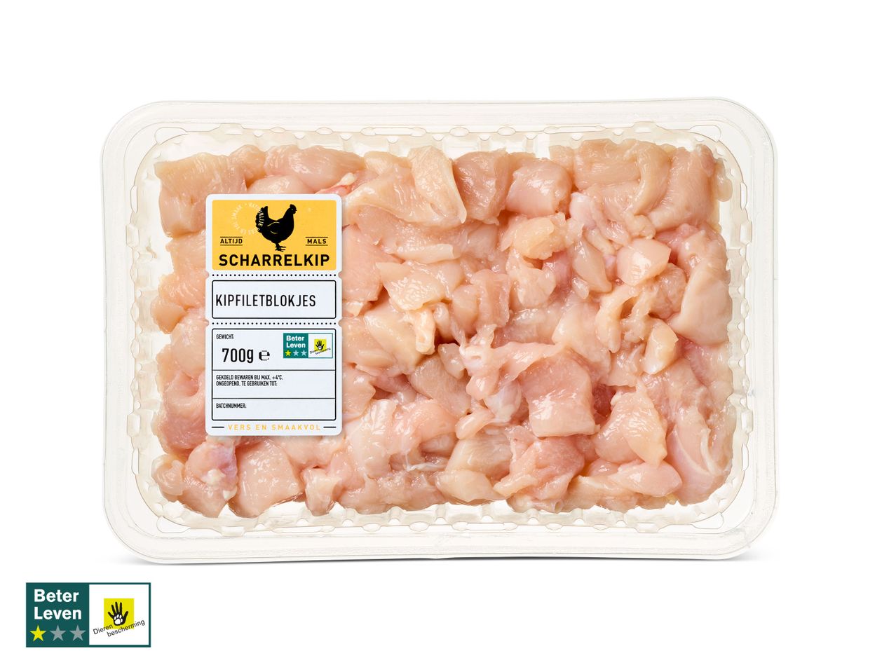 700g kipfiletblokjes, Scharrelkip, Beter Leven.