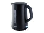 Black electric kettle with a water level indicator and an illuminated power switch.